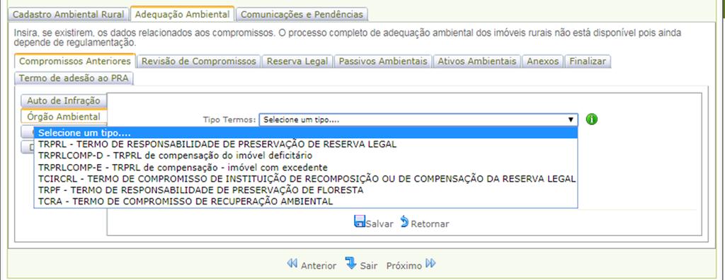 e Adequação Ambiental de imóveis rurais 6 Caso haja compromissos desses tipos no imóvel, declare-os clicando em Sim na aba correspondente.