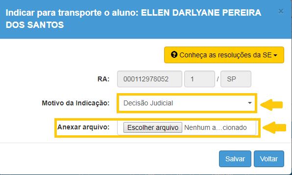 INDICAÇÃO POR DISTÂNCIA ENTRE RESIDÊNCIA E ESCOLA: quando a indicação do aluno ao transporte escolar for motivada pela distância entre a residência e escola, o campo de justificativa se abrirá