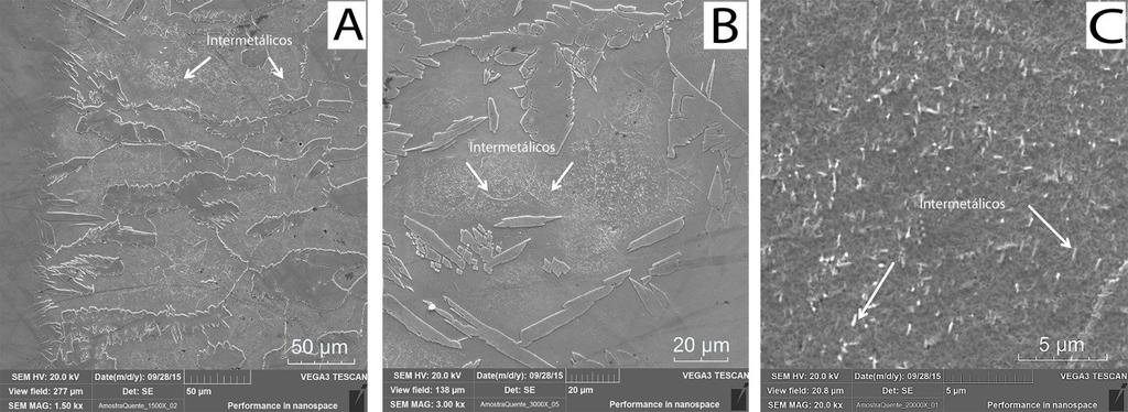 3.3 Análise em microscopia eletrônica de varredura (MEV) 3.3.2 Junta soldada A A Figura 6(A) é apresentada a microestrutura da interface de soldagem para a junta soldada A, as imagens apresentam a