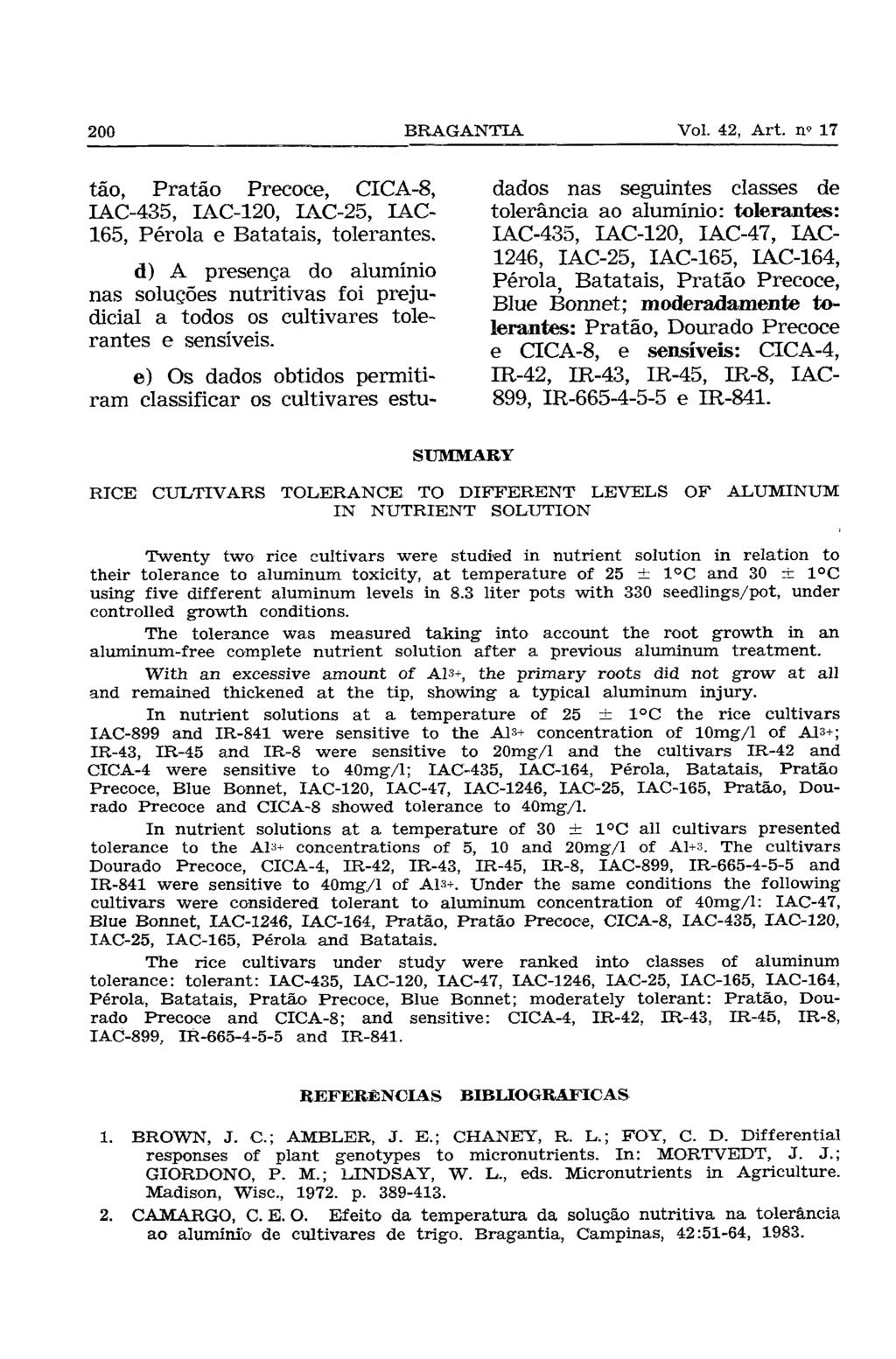 tão, Pratão Precoce, CICA-8, IAC-435, IAC-120, IAC-25, IAC- 165, Pérola e Batatais, tolerantes.