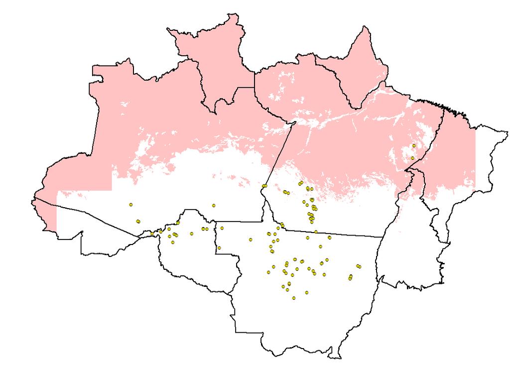 1.1) Mapa dos alertas do Deter no mês 05/2010: obs: as nuvens correspondem aos polígonos em rosa