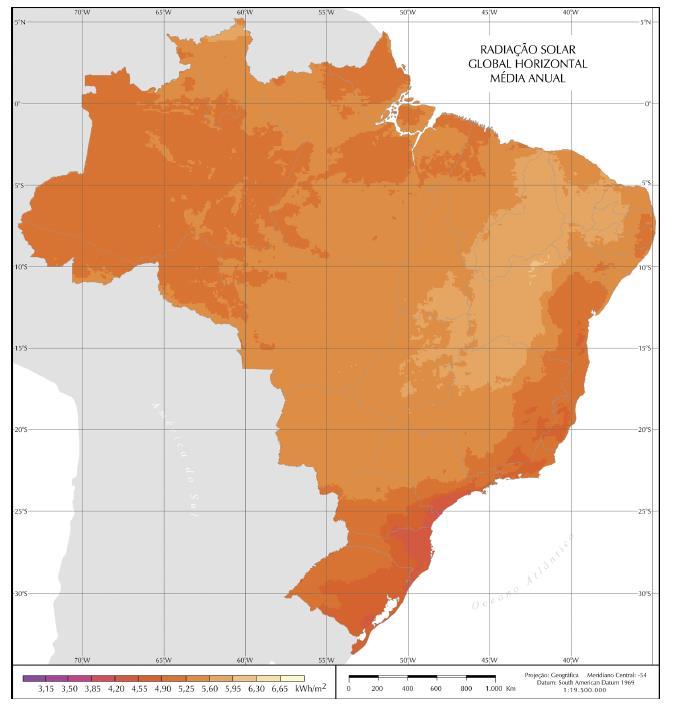 27 Figura 1.3: Distribuição da Radiação Solar no Brasil. Fonte: Manual de Engenharia para Sistemas Fotovoltaicos.