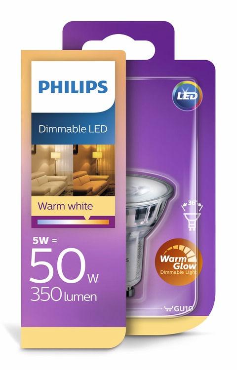 PHILIPS LED Foco (intensidade de luz regulável) 5 W (50 W) GU10 Brilho suave WarmGlow de intensidade regulável A luz certa cria o ambiente Os focos LED Philips com uma regulação da