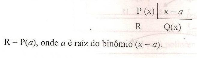 Teorema do resto O resto da divisão de um poliômio P(x) por um biômio do ºgrau do tipo x-a é igual ao valor umérico do poliômio P(x) para x=a, ou seja, P(a)=R.