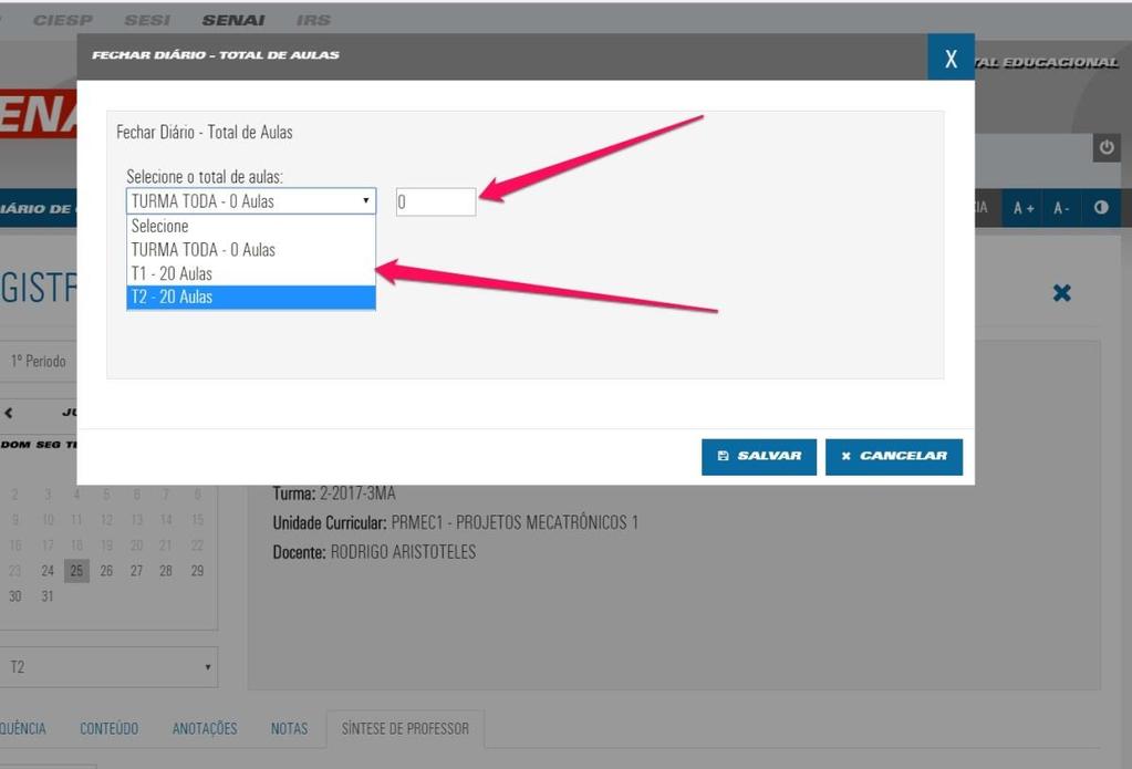 TUTORIAL PARA UTILIZAÇÃO DO PORTAL EDUCACIONAL SENAI/SP * Fechamento do Diário Para o caso de turmas com Subturma, ao clicar no ícone Fechar Diário, o portal abre a seguinte tela.