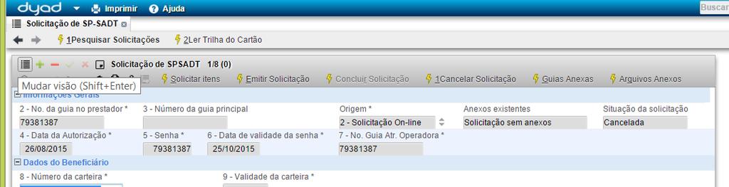 Após clicar em Buscar Solicitações, será aberta uma nova página com uma solicitação encontrada. Para ver todas elas, basta clicar no botão para Mudar Visão.