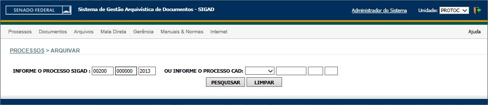 3.13 - ARQUIVAR A funcionalidade Arquivar é a ação pela qual é determinado o arquivamento de um processo quando cessada a sua tramitação.