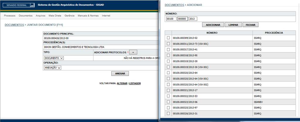 O sistema mostrará uma relação de documentos que foram juntados ao registro escolhido.