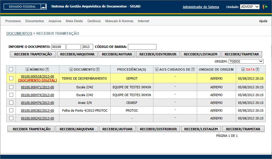 2.13 RECEBER TRAMITAÇÃO A função Receber Tramitação permite que o usuário receba documentos tramitados para sua área.