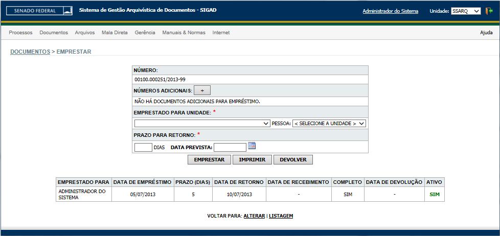 Para desfazer um empréstimo, basta clicar sobre o botão DEVOLVER e a coluna ATIVO fica com conteúdo igual à NÃO, ou seja, não estará mais