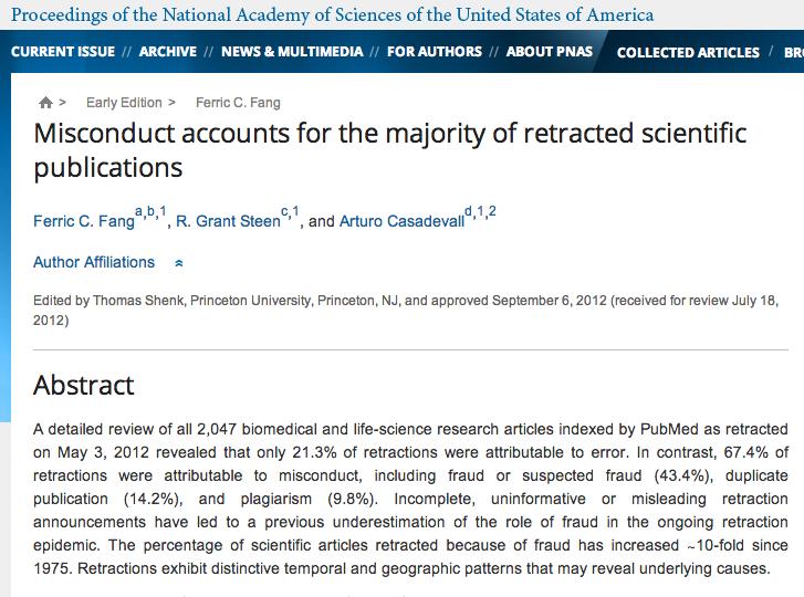 Fraude 2011 11,0% 2011 39,0% 2012 43,4% Fang FC, Steen RG, Casadevall A. Misconduct accounts for the majority of retracted scientific publications. Proc Natl Acad Sci.