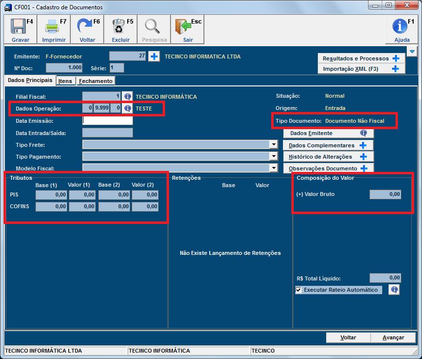 Figura 6: Interface de Lançamento de Documentos Após o início do cadastro, tendo indicado os campos chave, será após a digitação dos Dados Operação que serão carregados os Tributos, Retenções e