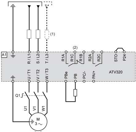 Fonte de alimentação simples ou trifásica - Diagrama de contator a jusante Se for dado um comando de Executar enquanto o contator a jusante do inversor e do motor ainda estiver aberto, pode haver