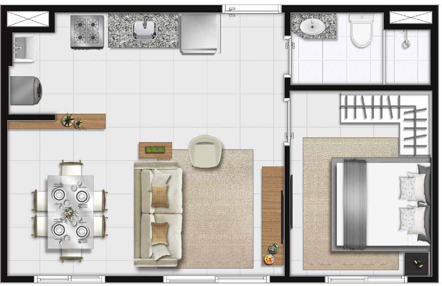 PLANTA OPÇÃO: 1 DORM. SALA AMPLIADA Ilustração artística da planta opção com 1 dormitório e sala ampliada.