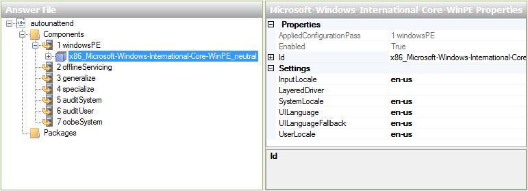 Observe que Microsoft-Windows-International-Core-WinPE foi adicionado às áreas "Arquivo de Resposta" e "Propriedades".