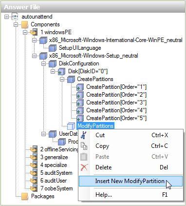 Na área "Arquivo de Resposta", clique com o botão direito em Modificar Partições > Inserir Nova ModifyPartition. Adicione mais três objetos ModifyPartition, para um total de quatro objetos.