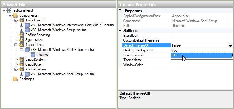 Expanda Microsoft-Windows-Shell-Setup em componente 4 specialize na área "Arquivo de Resposta". Localize e selecione Temas.