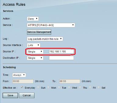 Escolha A regra obstrui pacotes de um único IP address na interface de LAN. Escala A regra obstrui pacotes de uma escala dos IP address (IPv4 somente) na interface de LAN.