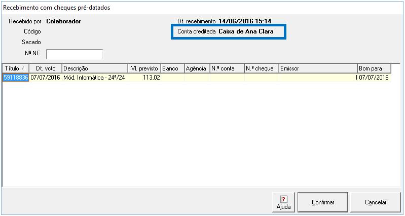 Figura 4 Tela recebimento com cheques pré-datados 1. Recebido por Colaborador responsável pelo recebimento. 2. Dt. de recebimento Data de recebimento do título no sistema SophiA. 3.