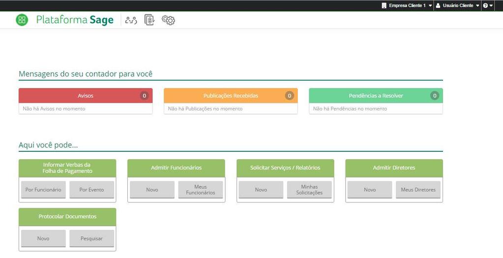 Liberação de Atualização NOVA PÁGINA INICIAL DA PLATAFORMA SAGE Com o objetivo de facilitar a utilização do Sage Relacionamento pelos seus clientes (usuários de relacionamento) a tela inicial de