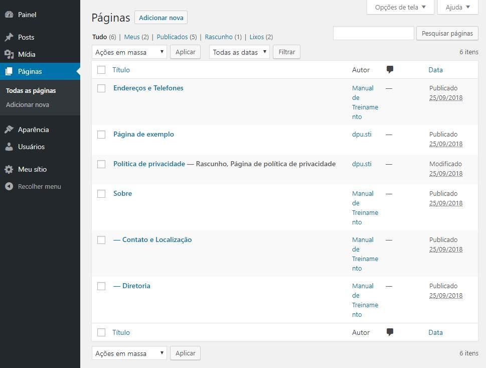 Aula 4 - Trabalhando com páginas 4.1. O QUE SÃO PÁGINAS E QUANDO USÁ-LOS Trabalhar com artigos do tipo páginas é semelhante a trabalhar com Posts: pesquisar, adicionar nova, editar, etc.