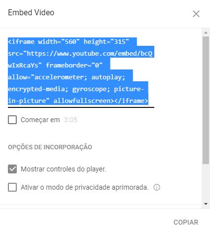 Figura 22 - Botão compartilhar do YouTube Passo 2: O Youtube mostrará um novo conjunto de opções. Clique na opção Incorporar.