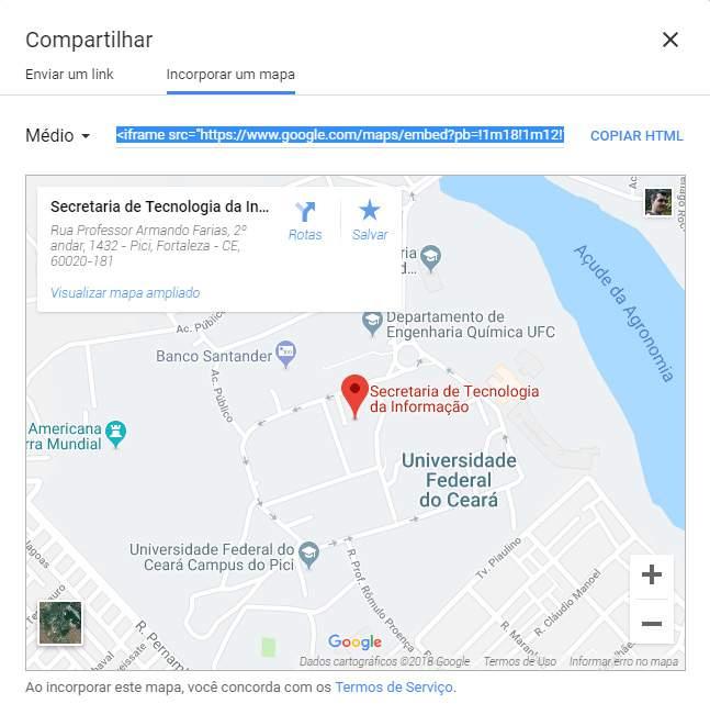 Passo 2: Uma nova janela será aberta sobre o mapa. Clique na aba Incorporar mapa. Será apresentado uma mapa de tamanho médio (é possível alterá-lo para tamanhos pequeno, grande ou personalizado).