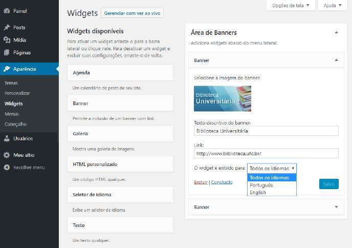 7.4.3. CRIAÇÃO WIDGETS (BANNERS) Ao criar um banner, pode-se escolher se ele ficará visível em todos os idiomas ou apenas num idioma específico.