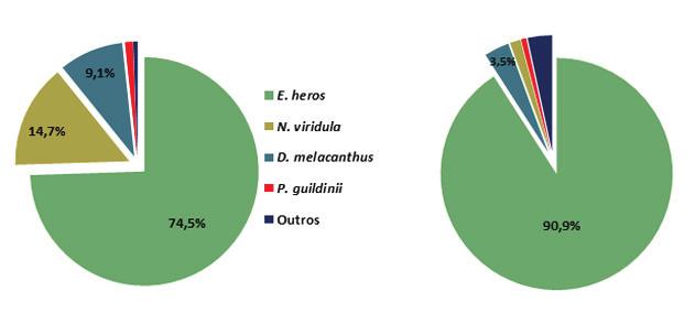26 Resultados do Manejo Integrado de Pragas da Soja na Safra 2013/14 no Paraná em níveis bastante elevados, causando injúrias também em lavouras de milho, algodão e feijão além de várias outras