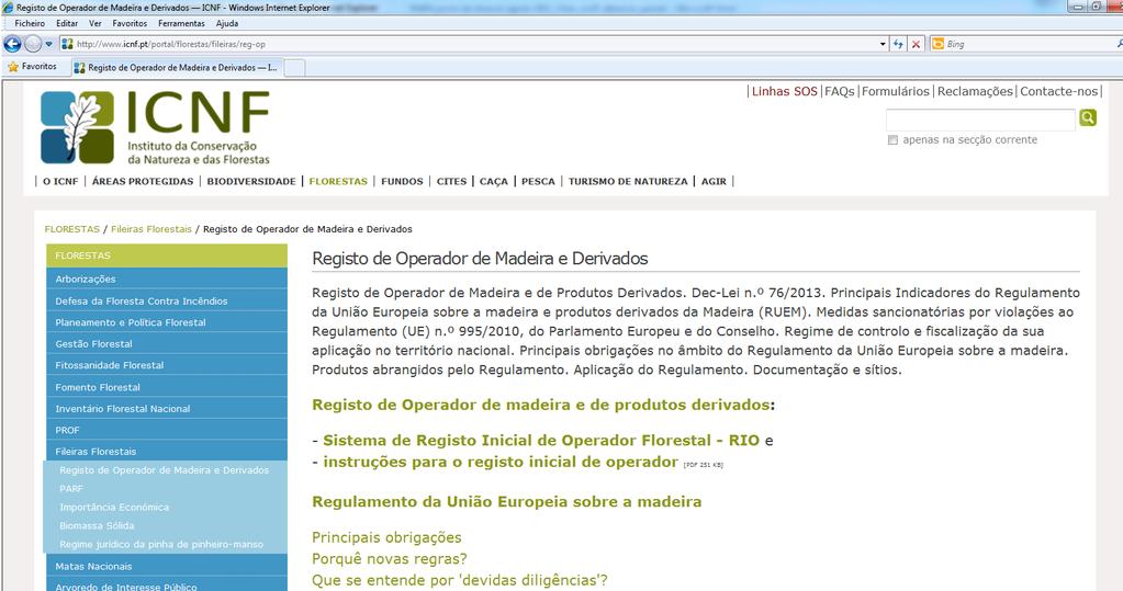 Figura 2. Extrato da página do Site do ICNF com os conteúdos relativos ao Regulamento da madeira 5.