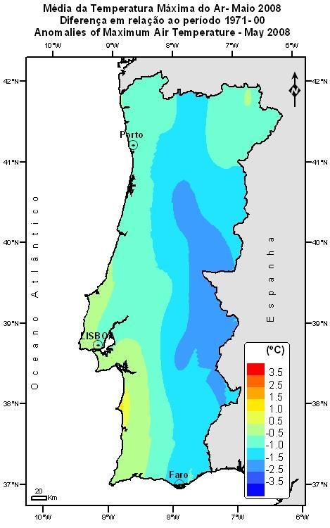 6ºC em Sines; os valores da média da temperatura mínima variaram entre 5.0 C em Penhas Douradas e 14.4 C no Lavradio; os desvios em relação à normal variaram entre 0.