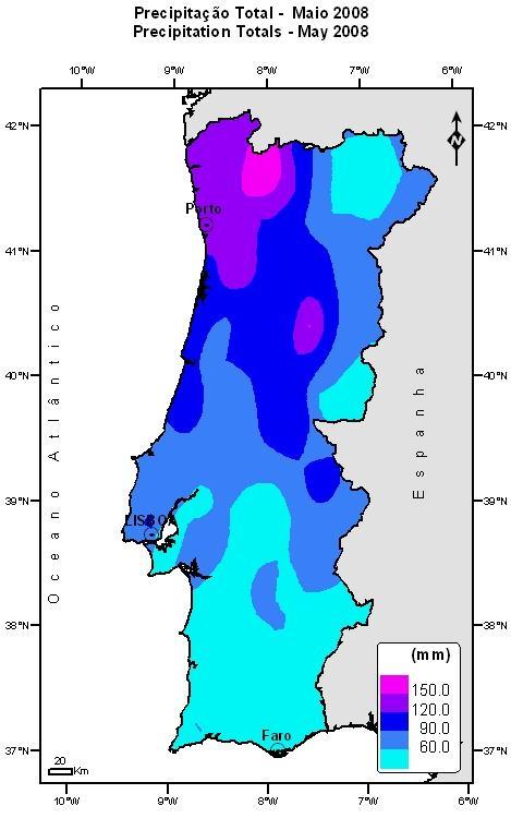 2. Precipitação Total A média regional da quantidade de precipitação em Portugal Continental neste mês de Maio de 2008 foi superior ao valor médio (1971-2000) para o mês, classificando-se como normal