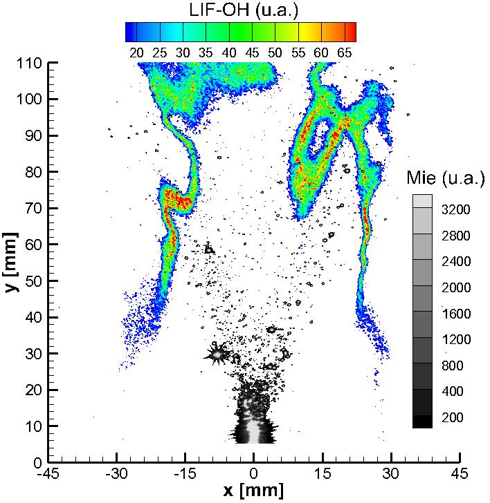 Capítulo 4 Análise dos Resultados e Discussões 100 possível observar a existência de chamas ao redor das gotas que atravessaram a frente de chama, devido à resolução espacial do experimento.