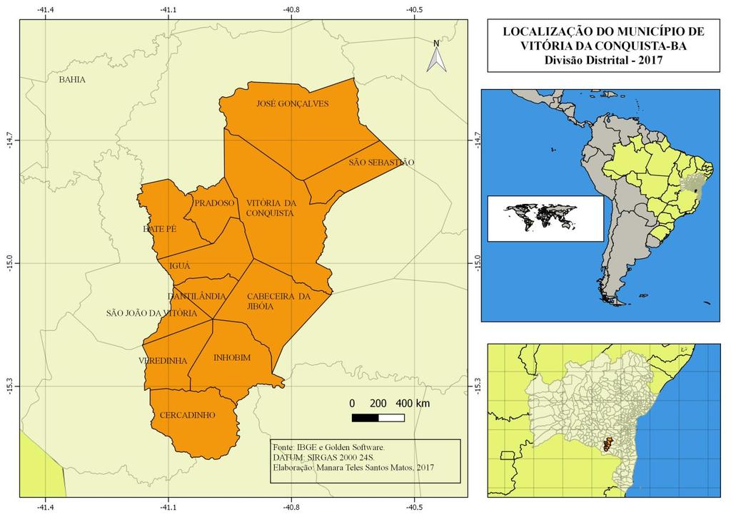 Figura 1- Mapa de Localização do Município de Vitória da Conquista-BA e sua divisão distrital. Fonte: Matos, Manara Teles Santos. Base de dados da autora, 2017. Entretanto, Santos J.