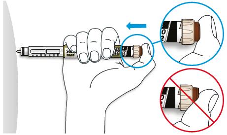 C. Coloque o polegar no botão de injeção. Em seguida, pressione o botão até o final e segure. Não pressione só de um lado do botão. O seu polegar poderia bloquear o seletor de dose para viragem. D.