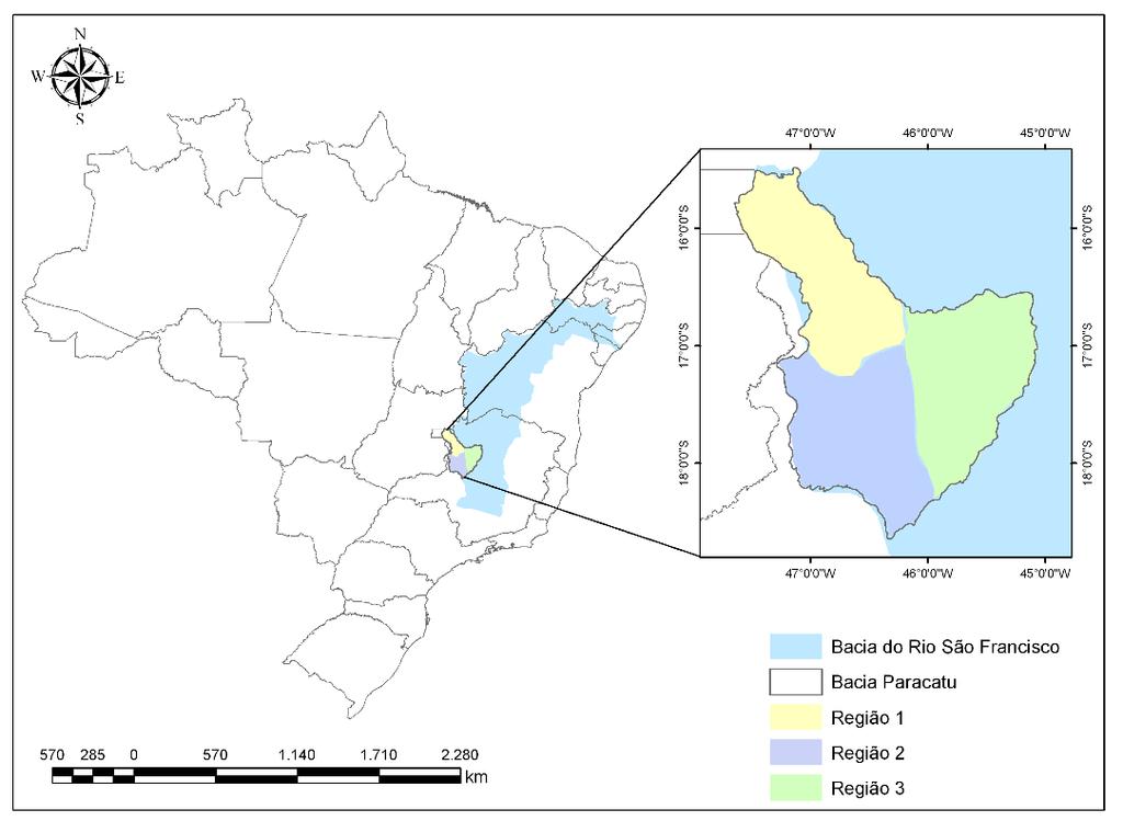 Área de estudo O estudo foi realizado para a bacia do Paracatu (Figura 1), a qual tem a maior proporção de sua área, cerca de 92%, situada no estado de Minas Gerais, enquanto o restante, 5 e 3%,