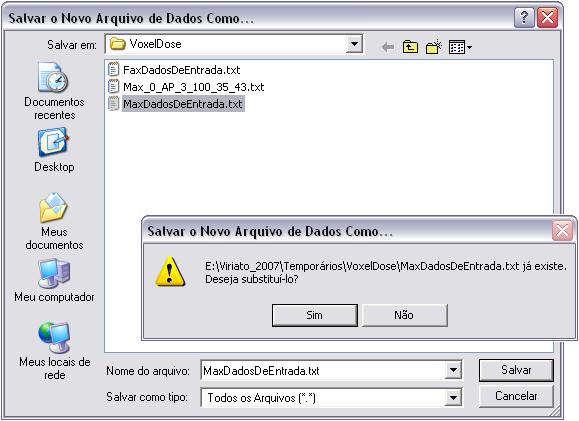 A Figura 54 mostra a seleção do MaxDadosDeEntrada.txt, nome dado neste trabalho ao arquivo de dados do Max. Figura 54: Janela do Windows para salvar o MaxDadosDeEntrada.