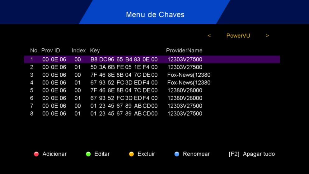 1) Menu>>Instalação>>Menu de Chaves>>Manual Key: opção destinada à configuração da criptografia de diversos modos de recepção de canais.