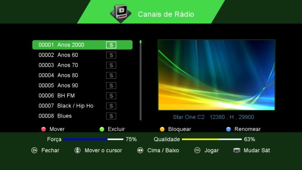 5.2) Menu>>Editar Canal>>Canais de Rádio: Sub menu destinado ao gerenciamento de canais de TV,