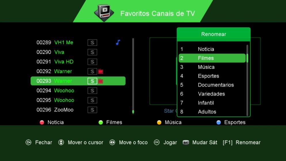 5.3) Menu>>Editar Canal>>Favoritos Canais de TV: Sub menu