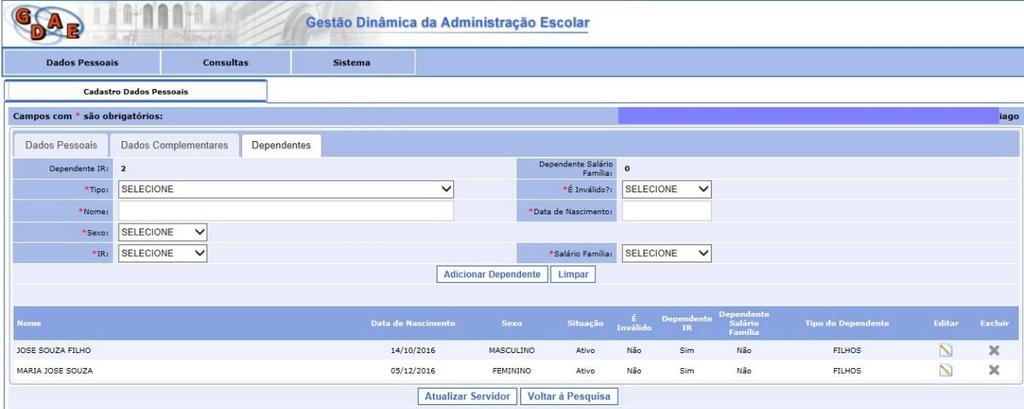 2.4.4 APÓS INCLUIR DEPENDENTE NÃO SERÁ POSSÍVEL EXCLUIR.