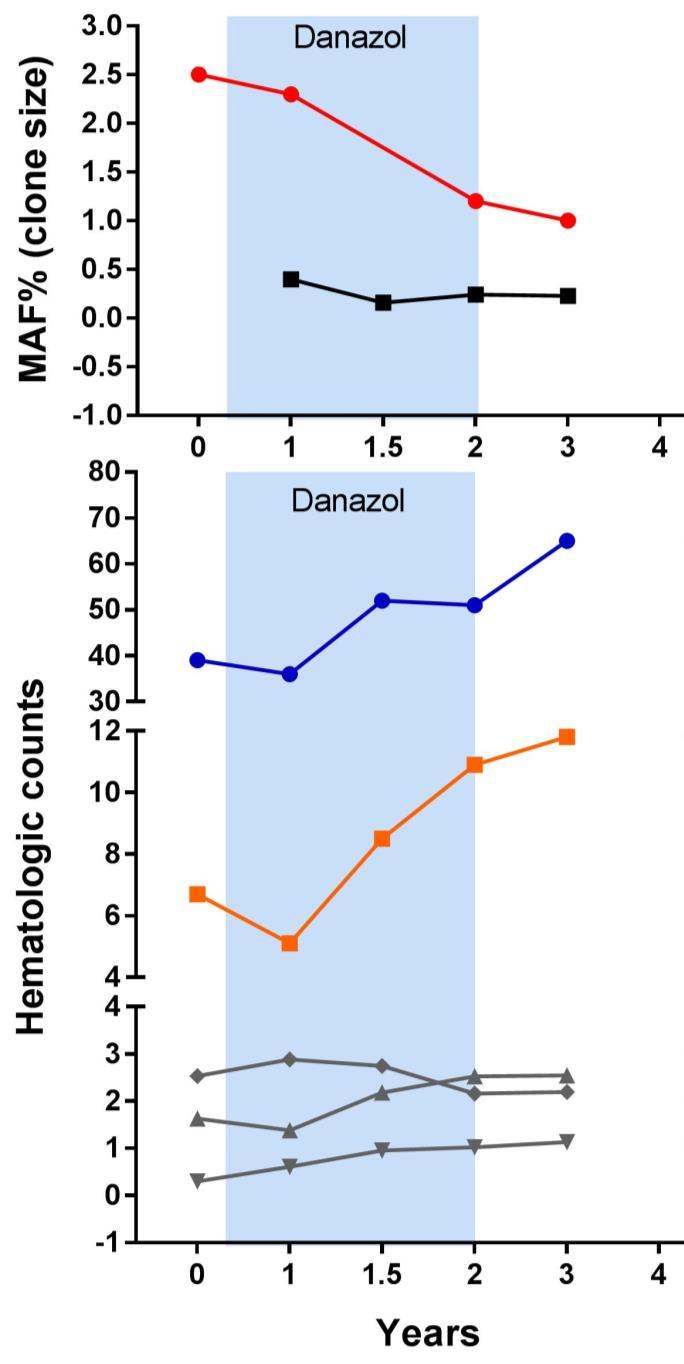 TERTp clone persists over time TERTp clone size may be modulated by Danazol treatment.