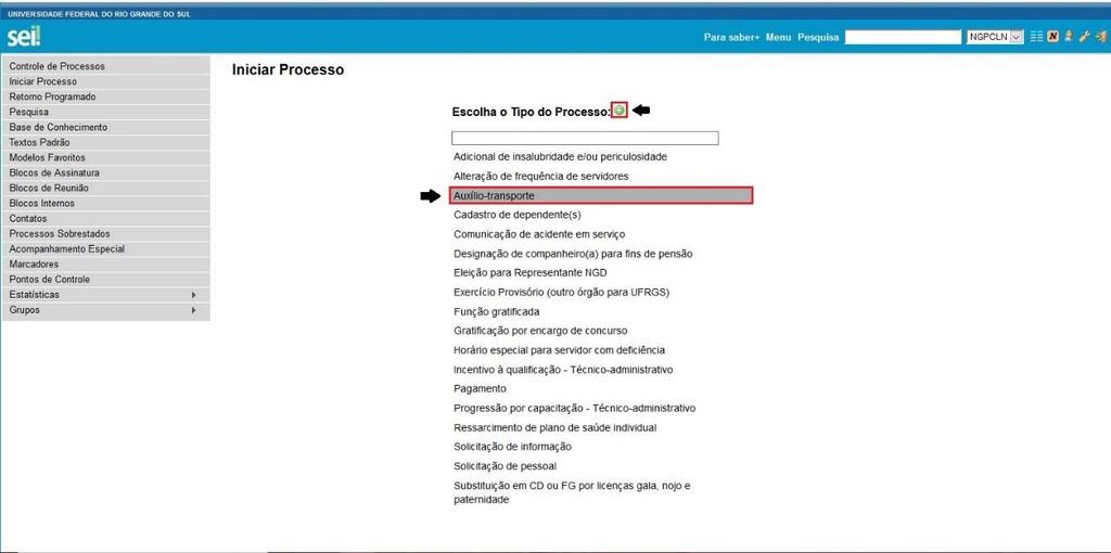 5. Escolher o Tipo de Processo: Clicar no ícone, o qual fará com que todos os tipos de processos sejam listados. Localizar o processo Auxílio-Transporte. 6. Abrirá uma ficha de informações.