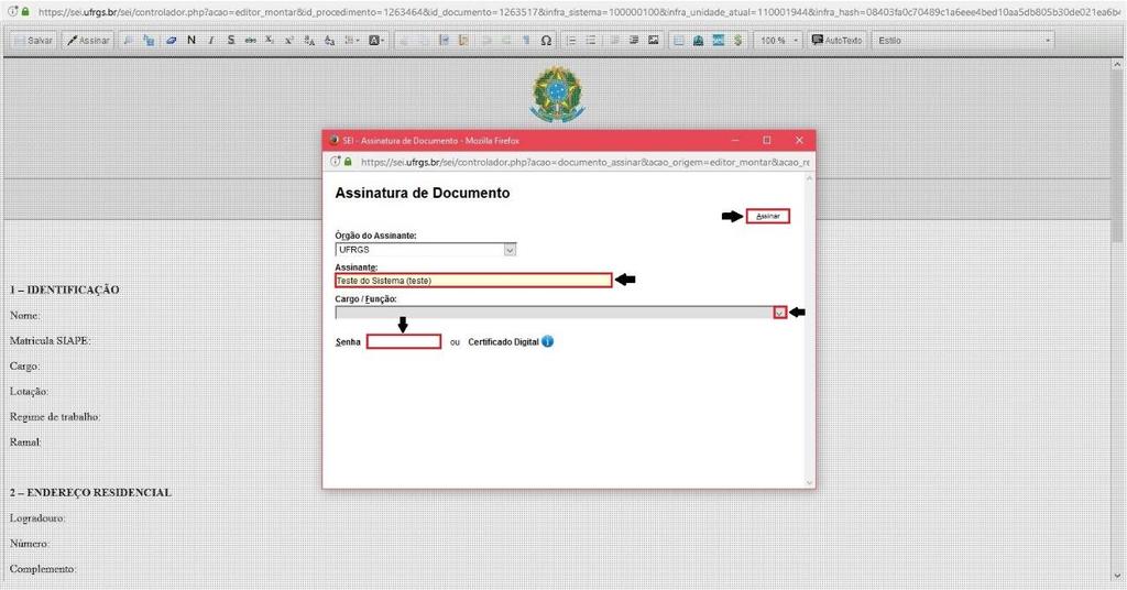 11. Abrirá uma janela para assinatura eletrônica. Conferir o nome e cargo do assinante.