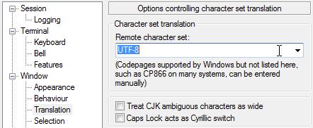 Na opção Window Translation Remote Character set escolher UTF-8: 2 3.
