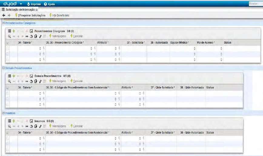 Logo abaixo do cabeçalho temos três grids: Procedimentos Cirúrgicos onde são cadastradas as cirurgias e a equipe médica; Demais Procedimentos Nessa grid são cadastrados exames e sessões realizados