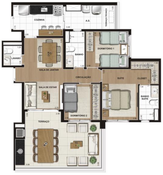 ILUSTRAÇÃO ARTÍSTICA DA PLANTA DA UNIDADE TIPO DE 97m² Os móveis, objetos e revestimentos de piso, parede e forro são sugestões decorativas, não fazendo parte do contrato.