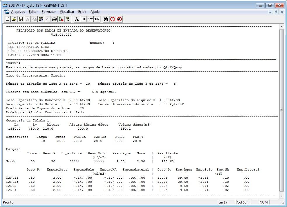 Relatórios Os Relatórios criados durante o processamento dos reservatórios podem ser acessados no Gerenciador Estrutural, através do comando "Elementos Especiais" - "Visualizar" - "Relatórios" -