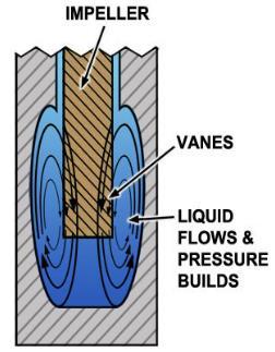 Figura 3-4: Enquanto o impelidor carrega o fluido adiante, este circula entre as palhetas [6] Fluxo no impelidor O líquido que atravessa o impelidor de uma bomba centrífuga passa por cada uma das