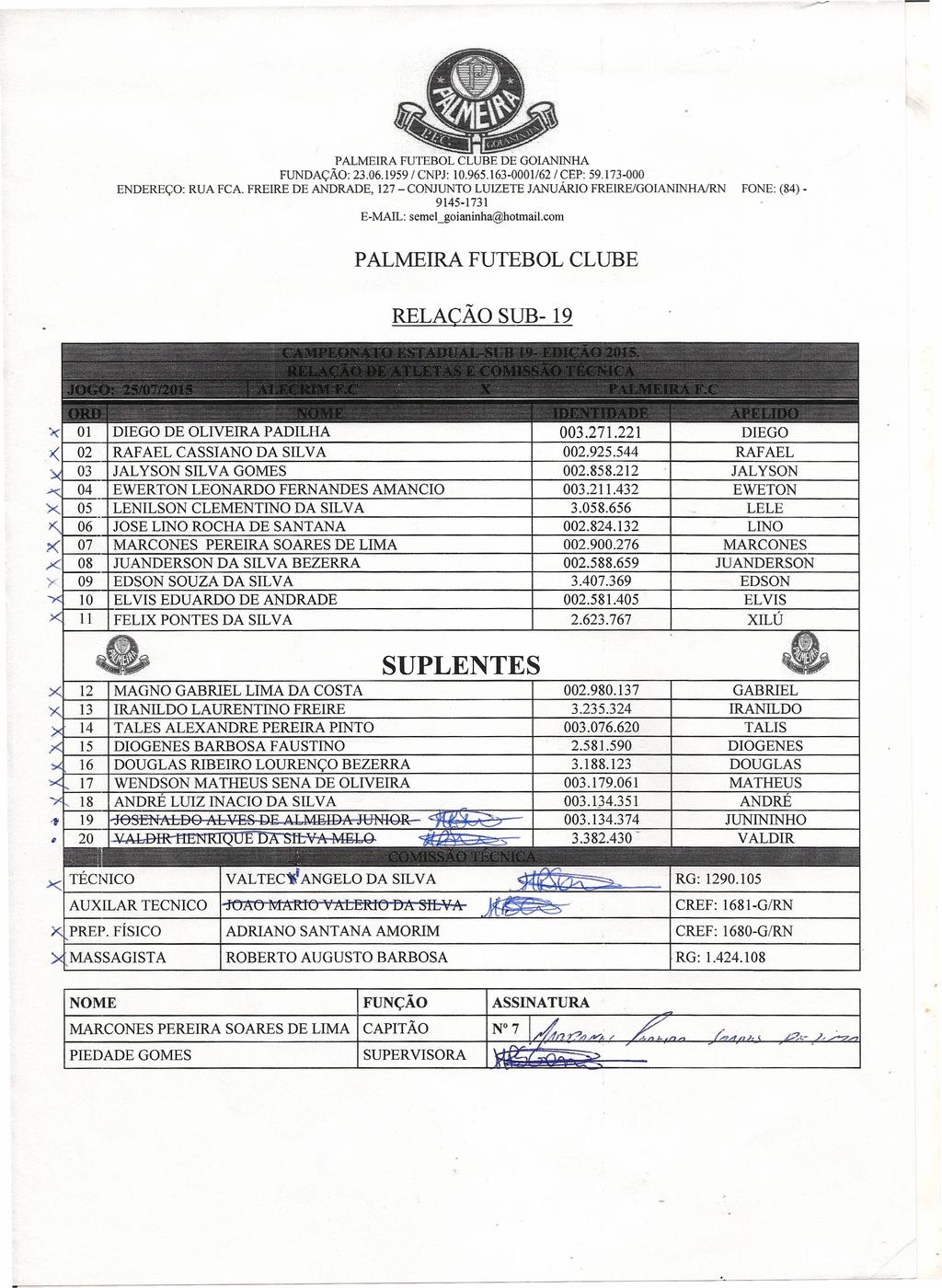 ENDEREÇO: PALMERA FUTEBOL CLUBE DE GOANNHA FUNDAÇÃO: 23.06.199/ CNPJ: 10.96.163-0001/62/ CEP: 9.173-000 RUA FCA.